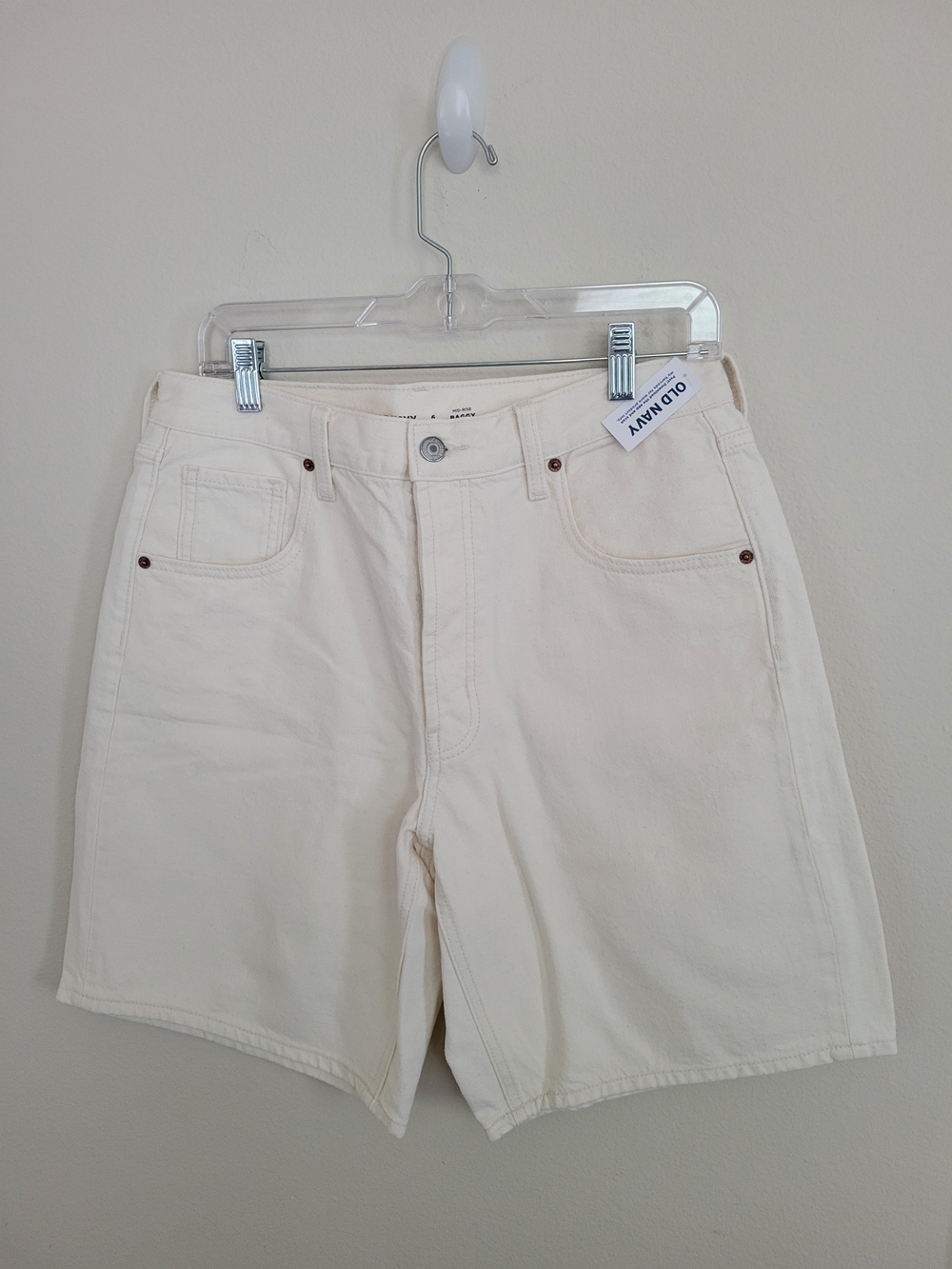Old Navy Off-White/Cream High-Waist Shorts with Navy Logo Button Fly